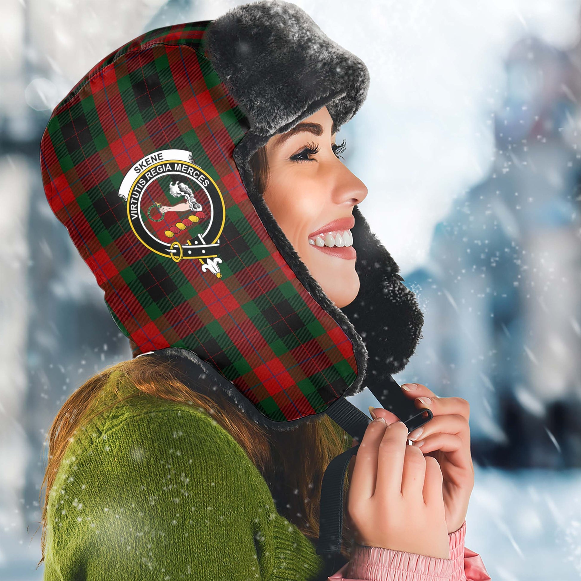 Skene of Cromar Black Tartan Winter Trapper Hat with Family Crest Winter Trapper Hat Universal Fit Circumference 22.8in (58cm) - Tartanvibesclothing