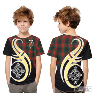 Skene of Cromar Black Tartan Kid T-Shirt with Family Crest and Celtic Symbol Style