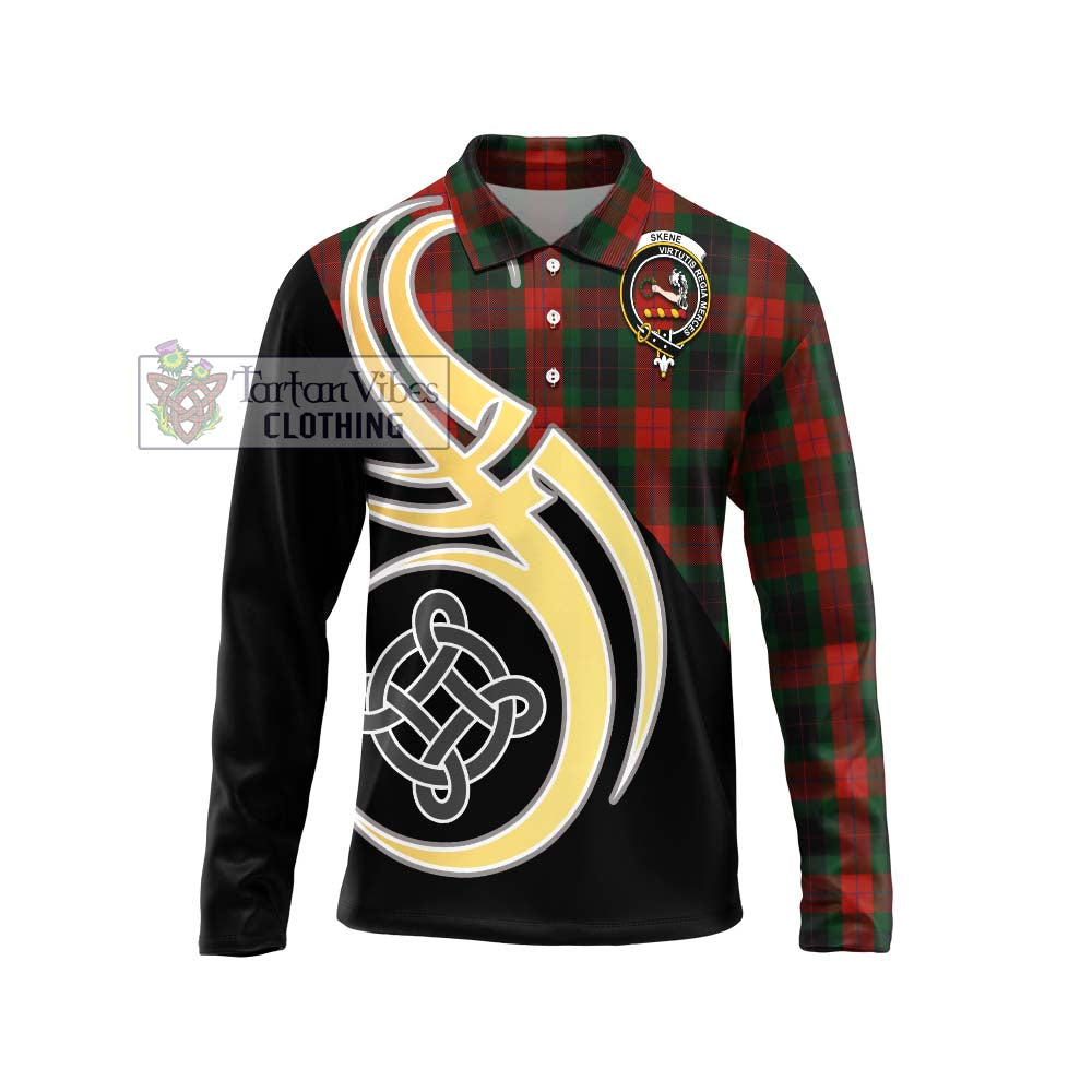 Skene of Cromar Black Tartan Long Sleeve Polo Shirt with Family Crest and Celtic Symbol Style Unisex - Tartan Vibes Clothing