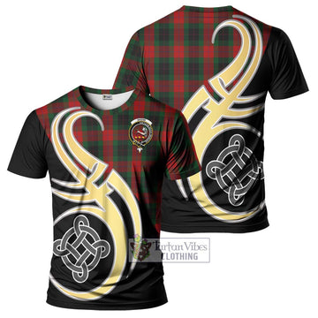 Skene of Cromar Black Tartan T-Shirt with Family Crest and Celtic Symbol Style