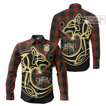 Skene of Cromar Black Tartan Long Sleeve Button Shirt with Family Crest Celtic Wolf Style