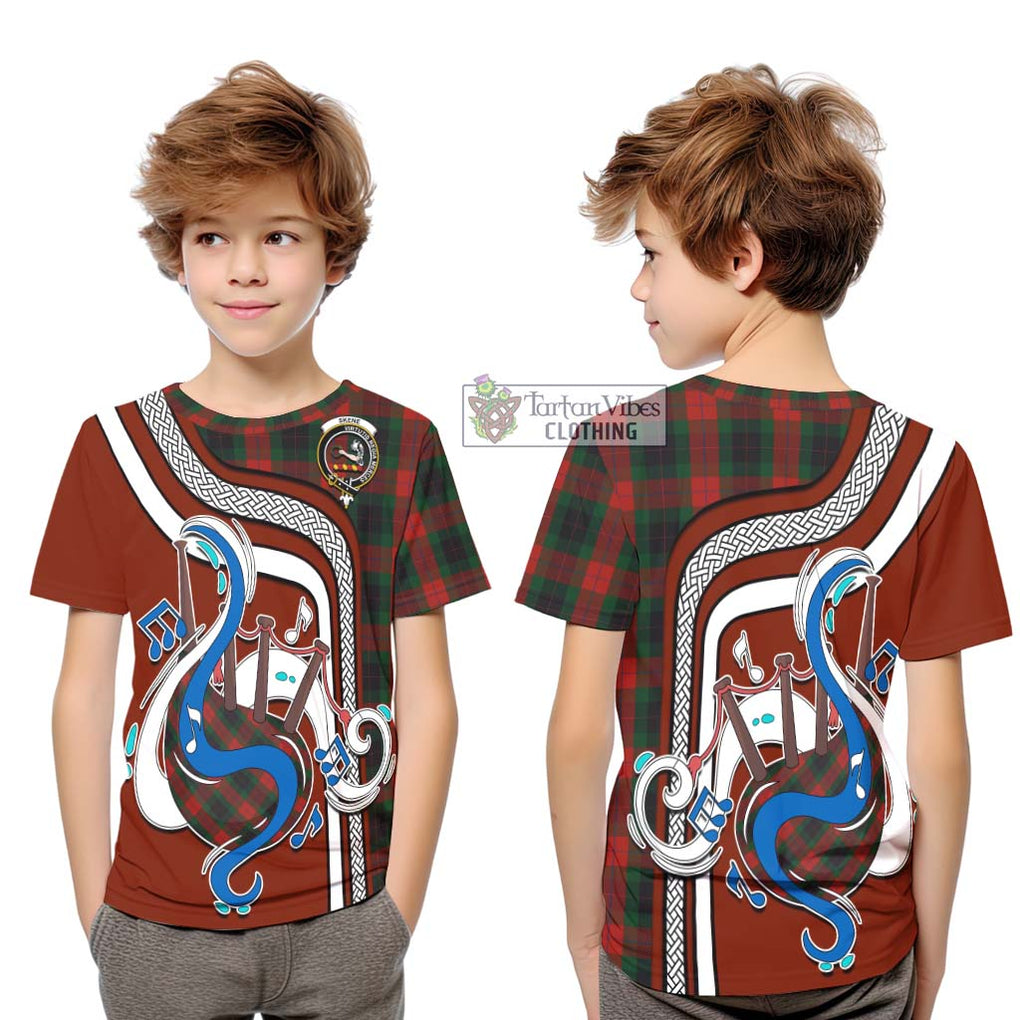 Tartan Vibes Clothing Skene of Cromar Black Tartan Kid T-Shirt with Epic Bagpipe Style