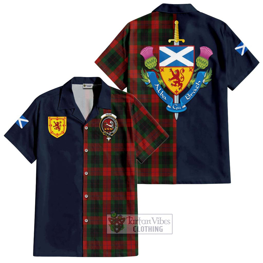 Tartan Vibes Clothing Skene of Cromar Black Tartan Short Sleeve Button Shirt with Scottish Lion Royal Arm Half Style