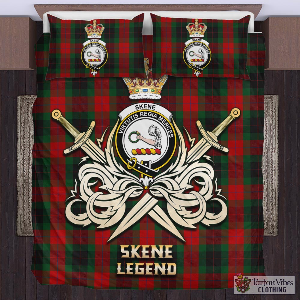 Tartan Vibes Clothing Skene of Cromar Black Tartan Bedding Set with Clan Crest and the Golden Sword of Courageous Legacy