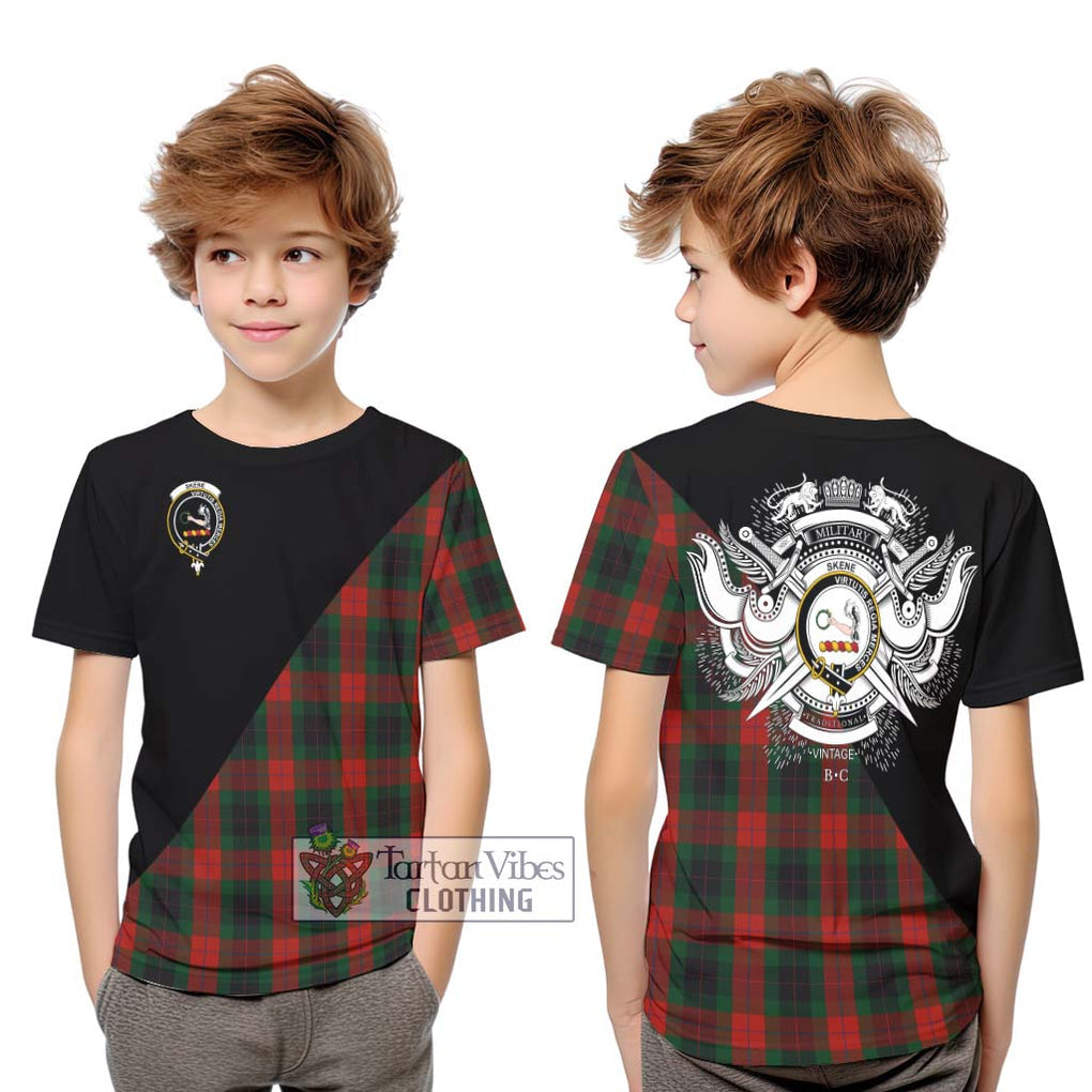 Skene of Cromar Black Tartan Kid T-Shirt with Family Crest and Military Logo Style Youth XL Size14 - Tartanvibesclothing Shop