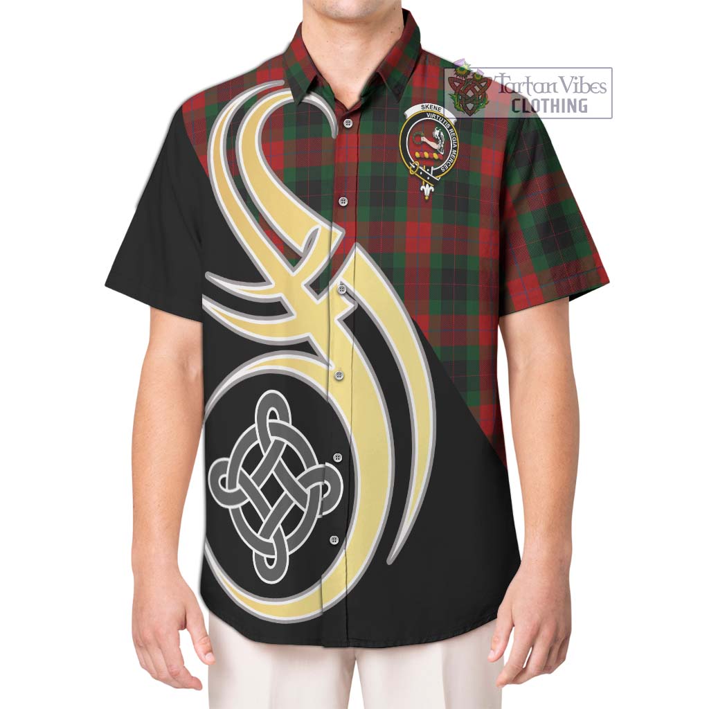 Skene of Cromar Black Tartan Short Sleeve Button Shirt with Family Crest and Celtic Symbol Style Kid - Tartan Vibes Clothing