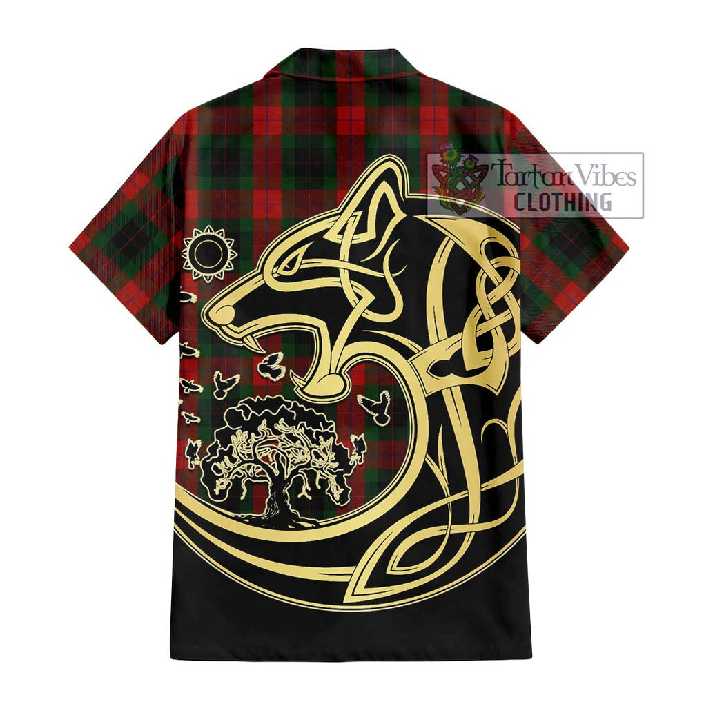 Skene of Cromar Black Tartan Short Sleeve Button Shirt with Family Crest Celtic Wolf Style - Tartan Vibes Clothing