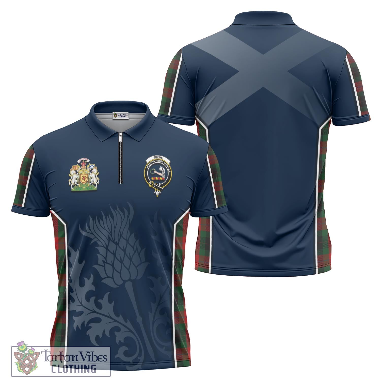 Tartan Vibes Clothing Skene of Cromar Black Tartan Zipper Polo Shirt with Family Crest and Scottish Thistle Vibes Sport Style