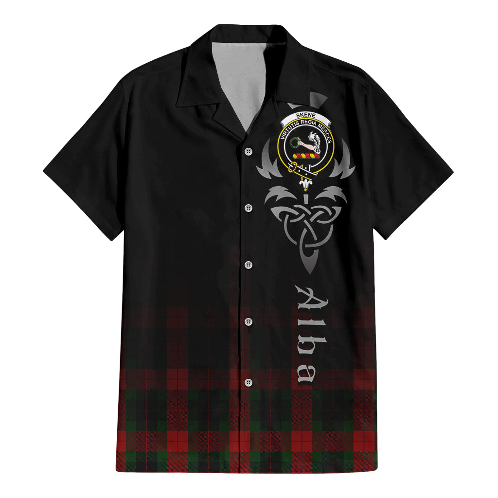 Tartan Vibes Clothing Skene of Cromar Black Tartan Short Sleeve Button Up Featuring Alba Gu Brath Family Crest Celtic Inspired