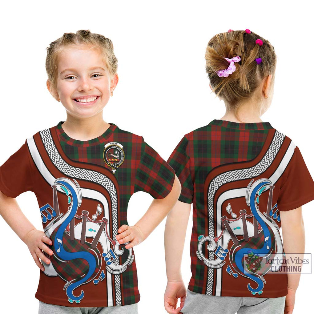 Tartan Vibes Clothing Skene of Cromar Black Tartan Kid T-Shirt with Epic Bagpipe Style