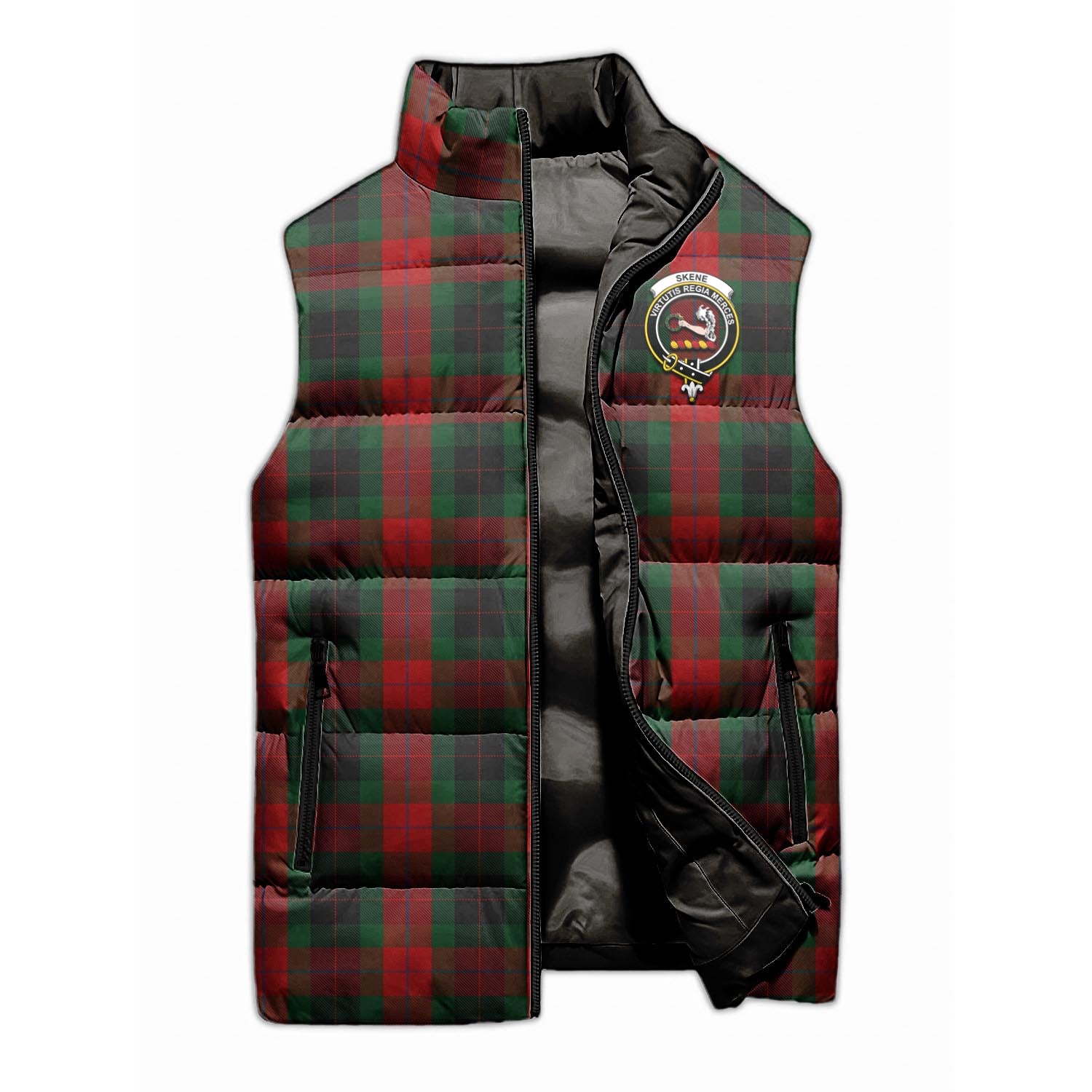 Skene of Cromar Black Tartan Sleeveless Puffer Jacket with Family Crest - Tartanvibesclothing