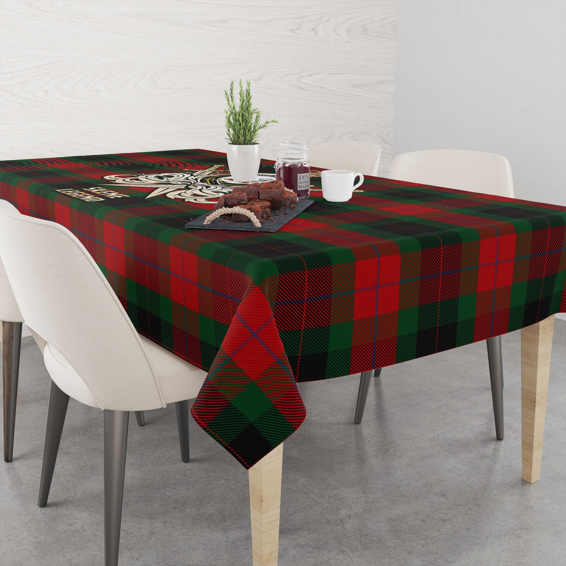 Tartan Vibes Clothing Skene of Cromar Black Tartan Tablecloth with Clan Crest and the Golden Sword of Courageous Legacy