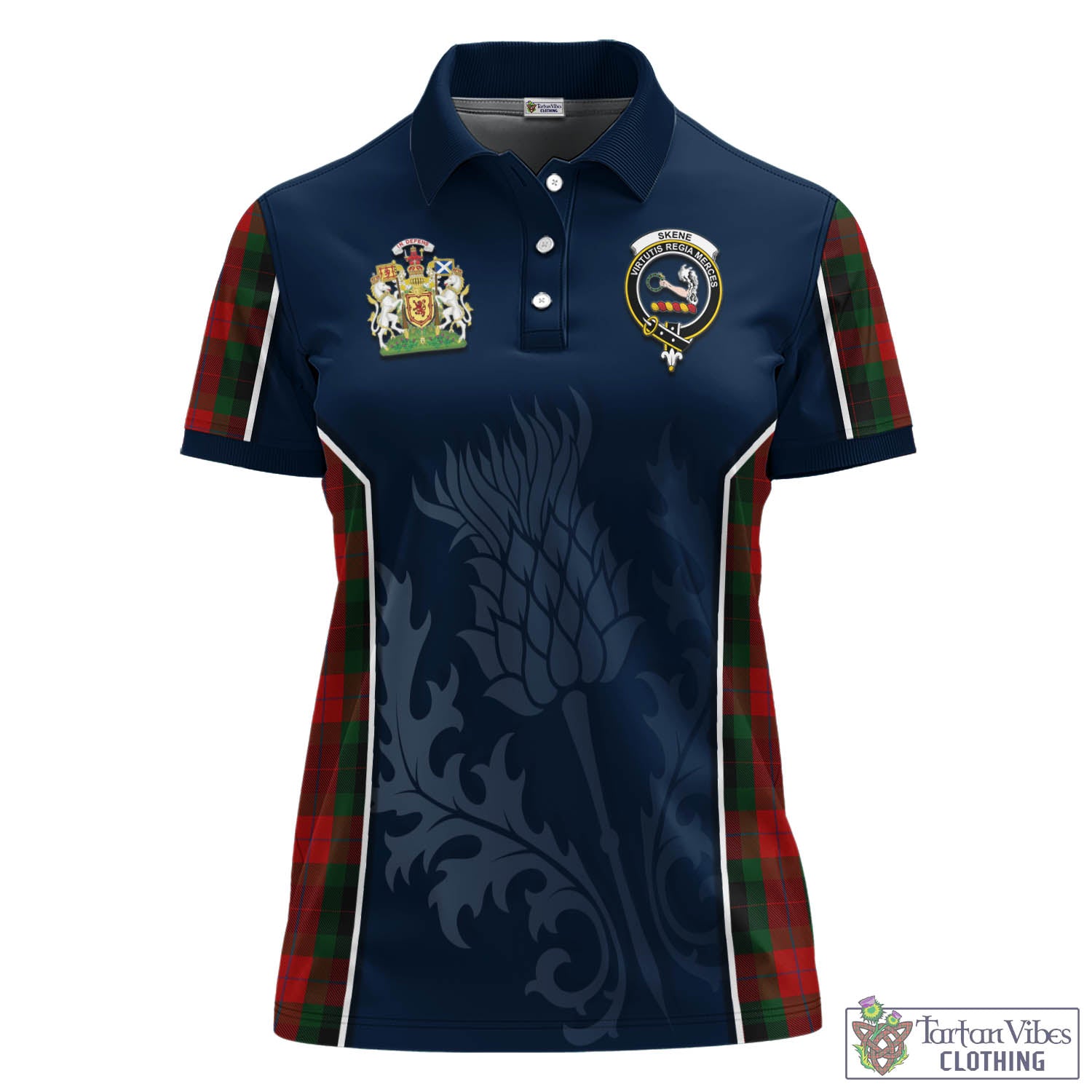 Tartan Vibes Clothing Skene of Cromar Black Tartan Women's Polo Shirt with Family Crest and Scottish Thistle Vibes Sport Style