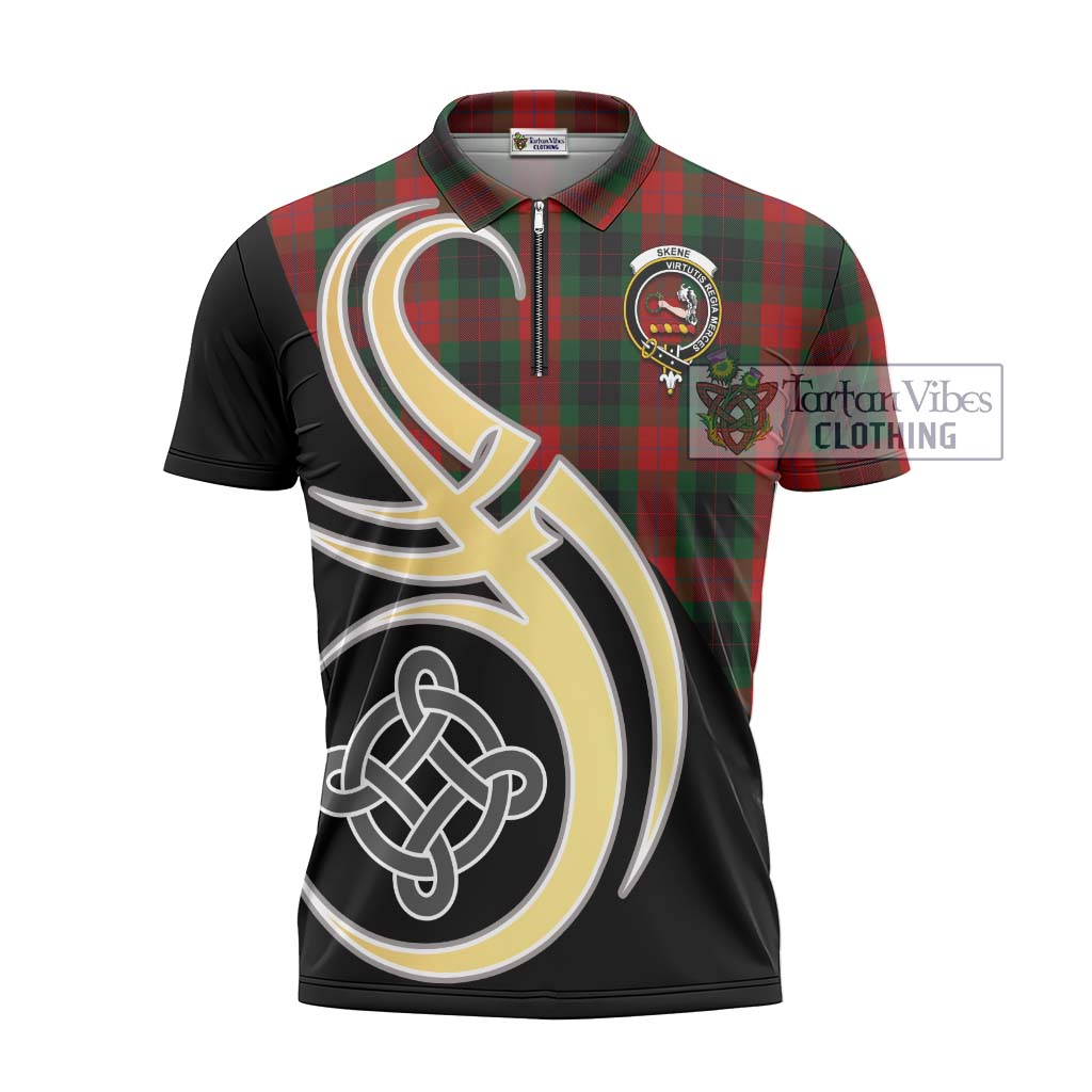 Tartan Vibes Clothing Skene of Cromar Black Tartan Zipper Polo Shirt with Family Crest and Celtic Symbol Style