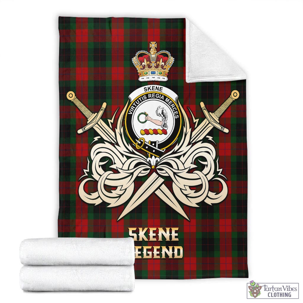 Tartan Vibes Clothing Skene of Cromar Black Tartan Blanket with Clan Crest and the Golden Sword of Courageous Legacy