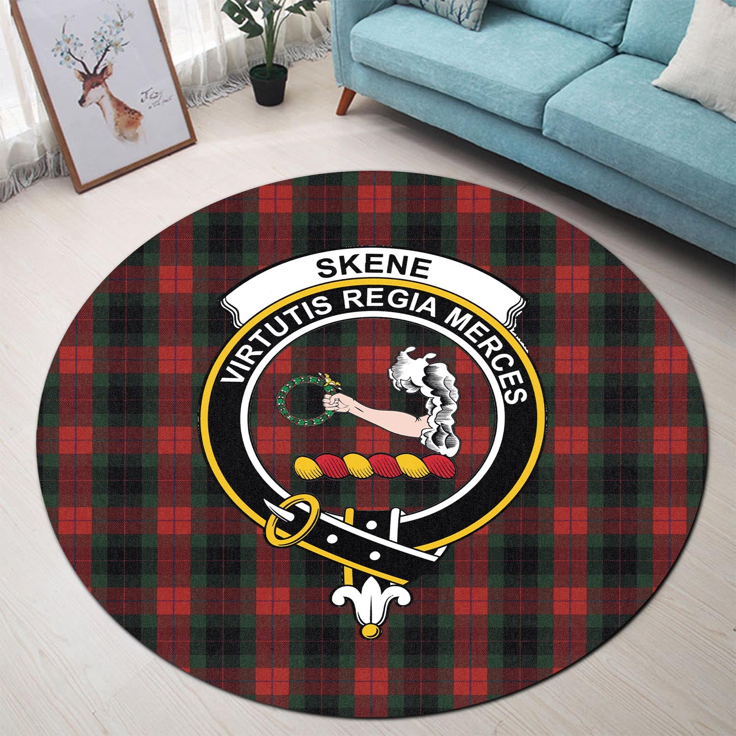 skene-of-cromar-black-tartan-round-rug-with-family-crest