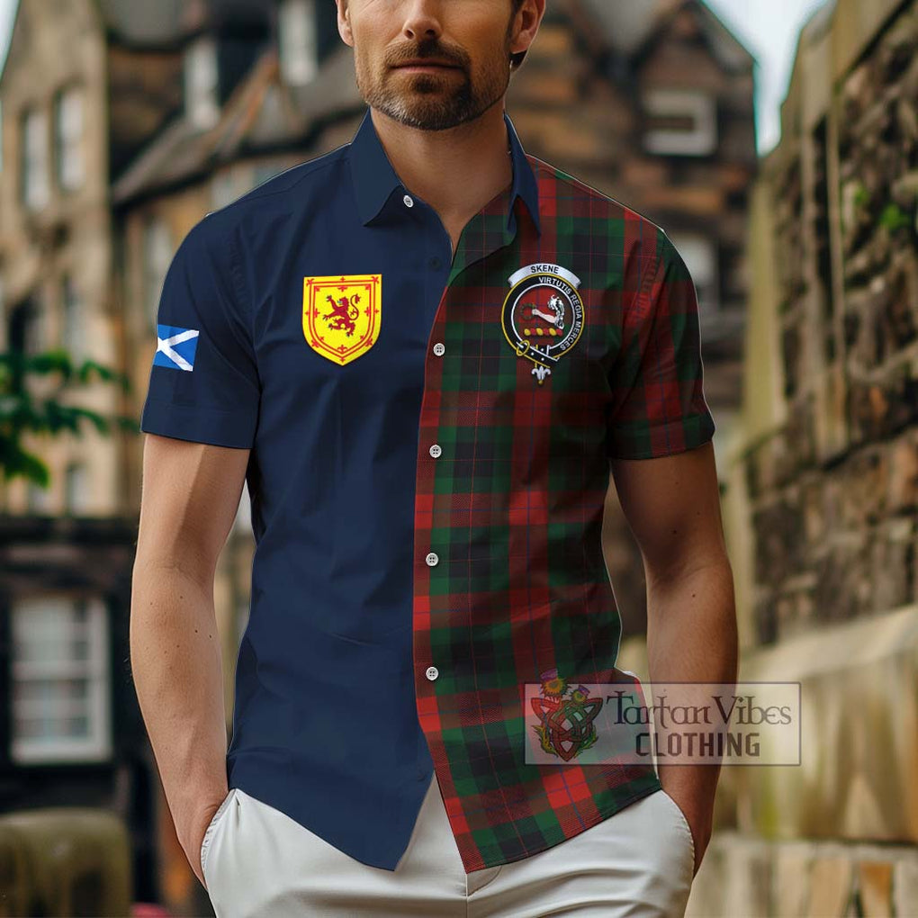 Tartan Vibes Clothing Skene of Cromar Black Tartan Short Sleeve Button Shirt with Scottish Lion Royal Arm Half Style