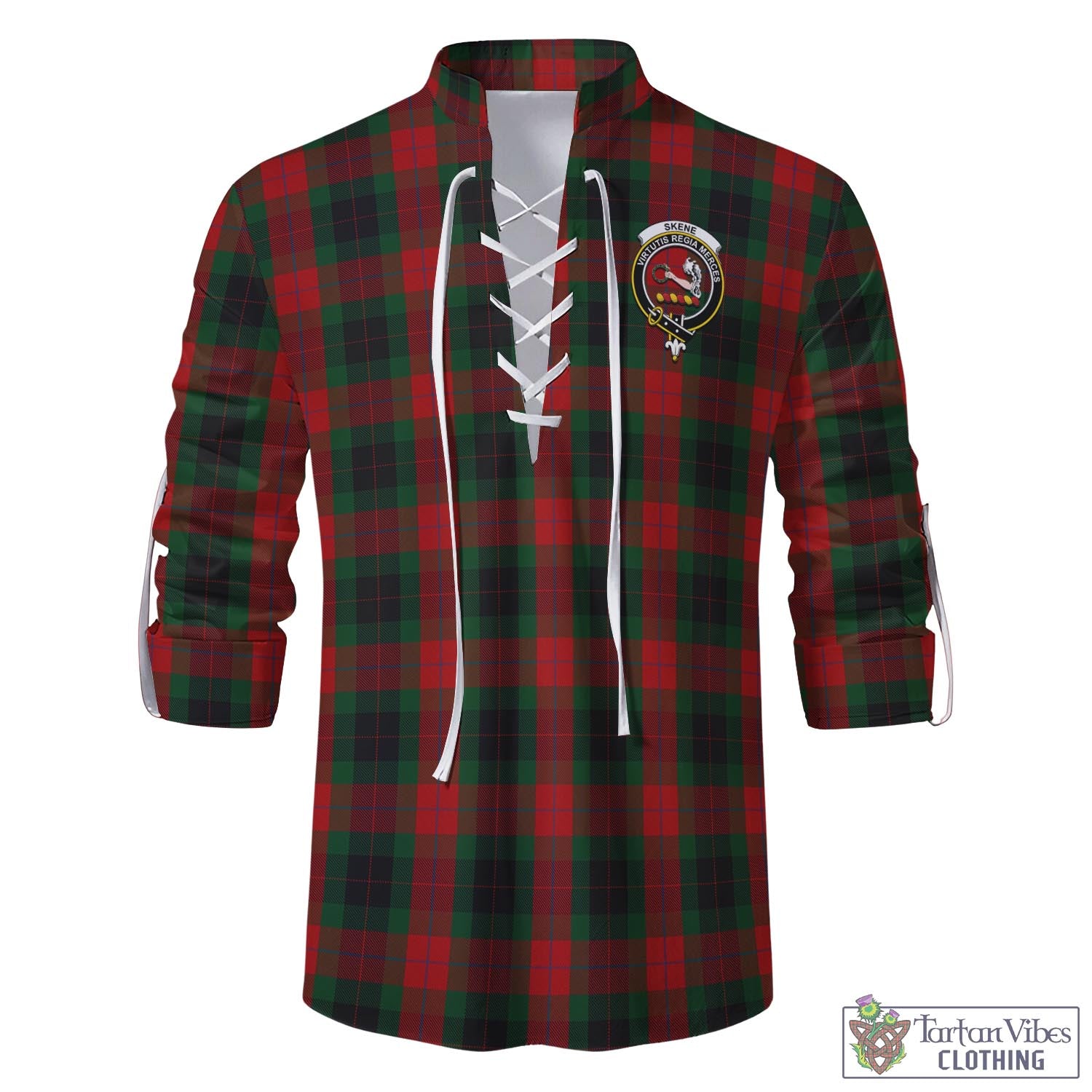 Tartan Vibes Clothing Skene of Cromar Black Tartan Men's Scottish Traditional Jacobite Ghillie Kilt Shirt with Family Crest