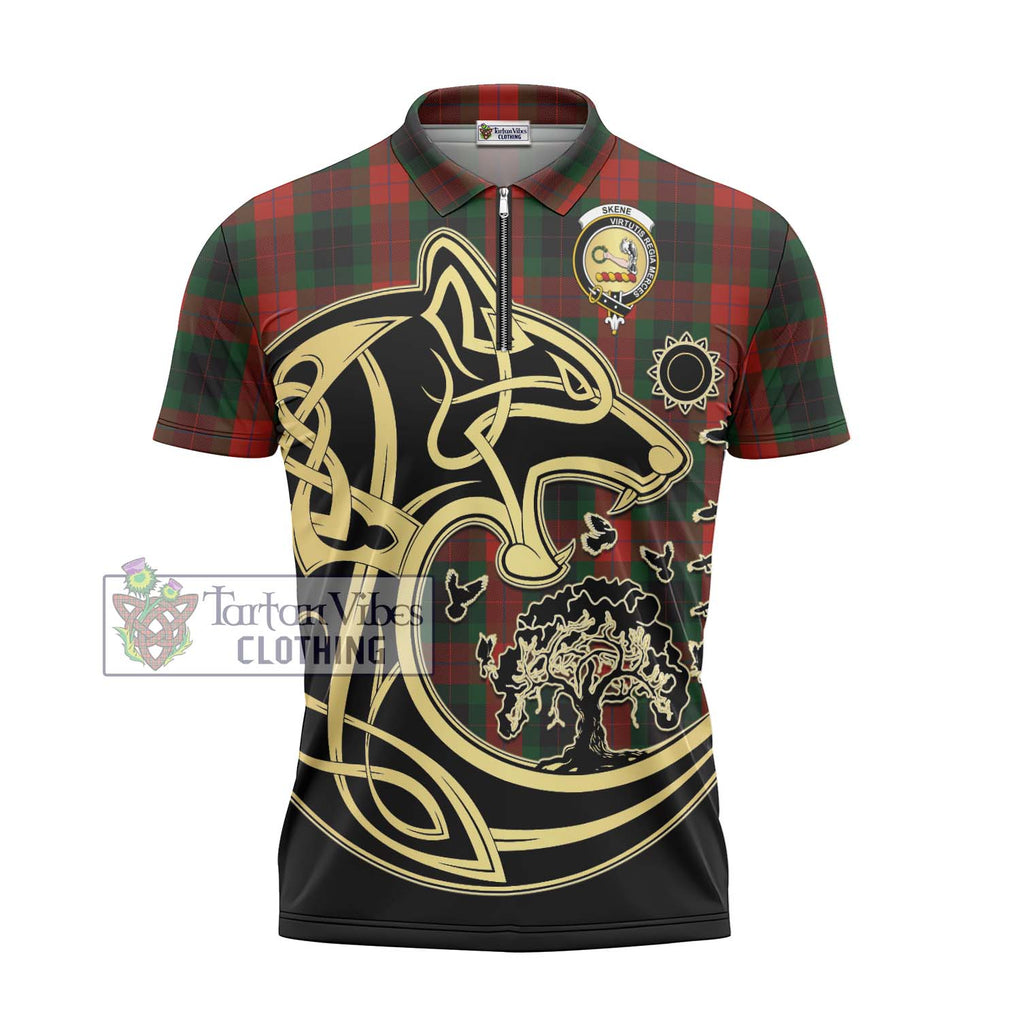 Skene of Cromar Black Tartan Zipper Polo Shirt with Family Crest Celtic Wolf Style - Tartanvibesclothing Shop