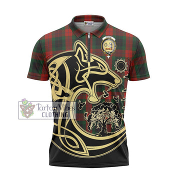 Skene of Cromar Black Tartan Zipper Polo Shirt with Family Crest Celtic Wolf Style