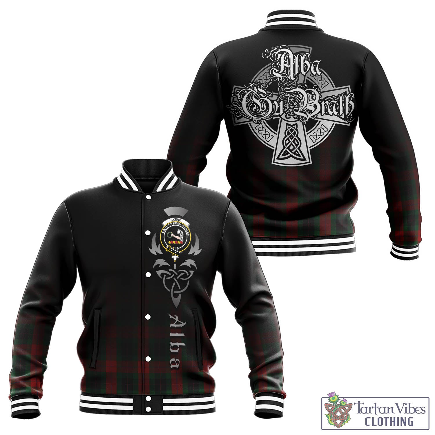 Tartan Vibes Clothing Skene of Cromar Black Tartan Baseball Jacket Featuring Alba Gu Brath Family Crest Celtic Inspired