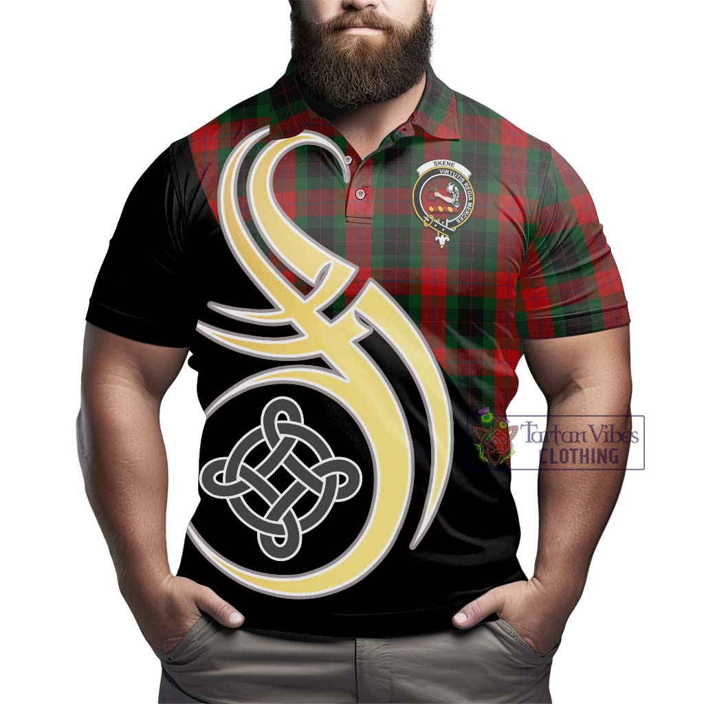 Tartan Vibes Clothing Skene of Cromar Black Tartan Polo Shirt with Family Crest and Celtic Symbol Style