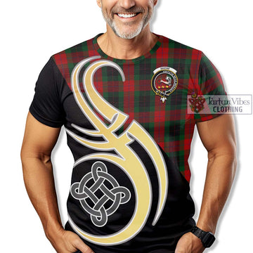 Skene of Cromar Black Tartan T-Shirt with Family Crest and Celtic Symbol Style