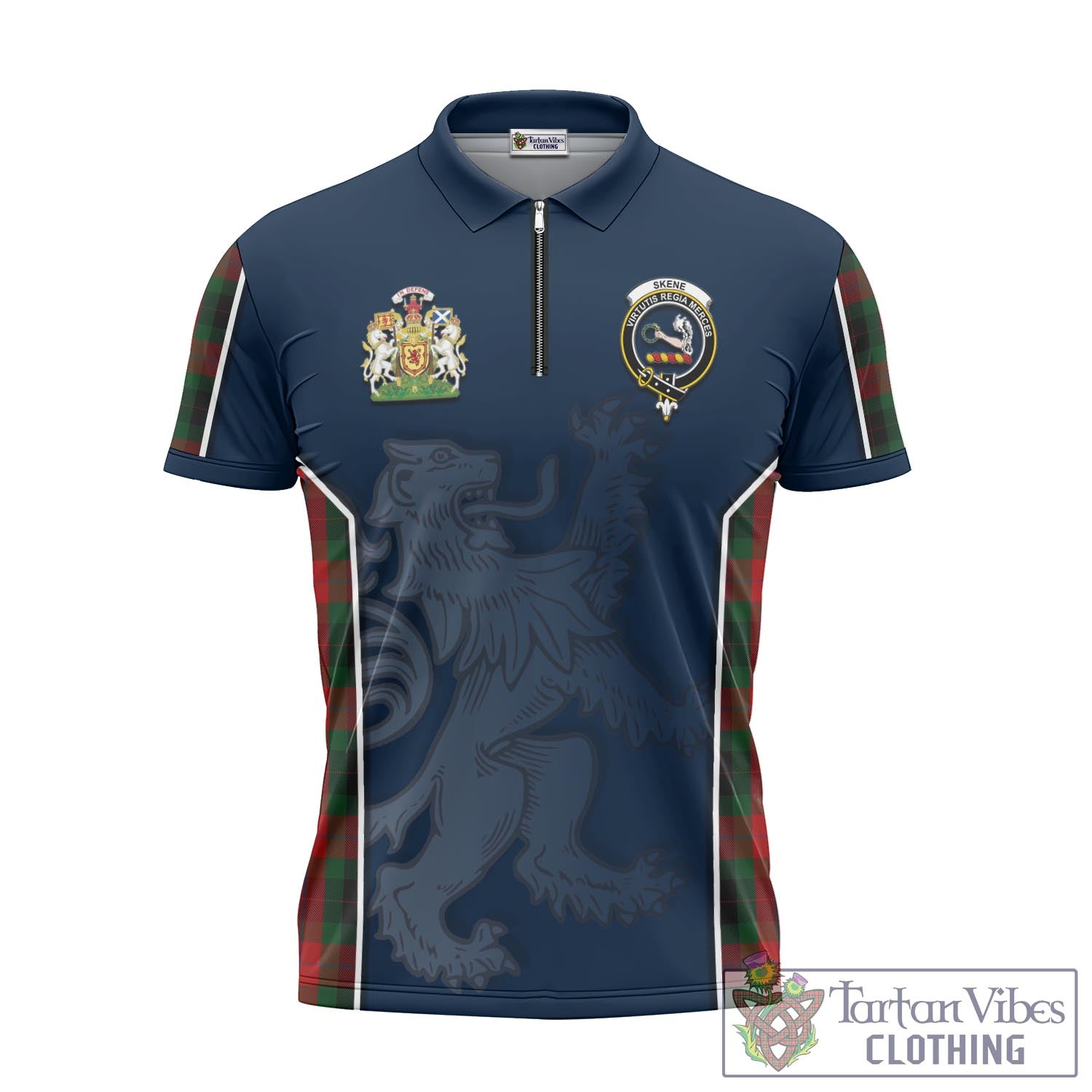 Tartan Vibes Clothing Skene of Cromar Black Tartan Zipper Polo Shirt with Family Crest and Lion Rampant Vibes Sport Style