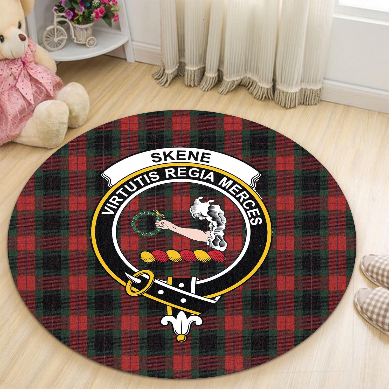 skene-of-cromar-black-tartan-round-rug-with-family-crest