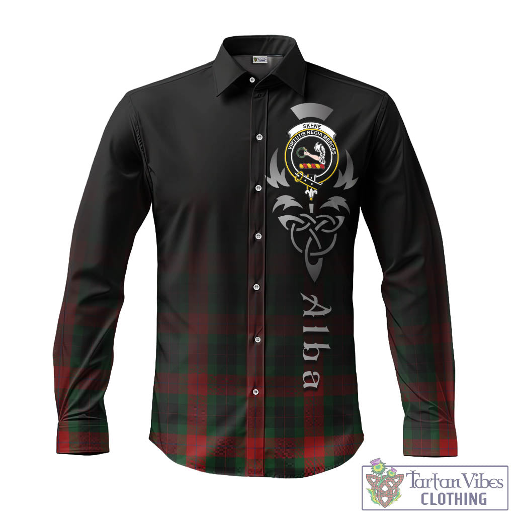 Tartan Vibes Clothing Skene of Cromar Black Tartan Long Sleeve Button Up Featuring Alba Gu Brath Family Crest Celtic Inspired