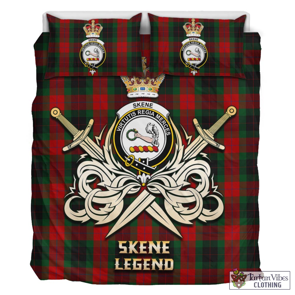 Tartan Vibes Clothing Skene of Cromar Black Tartan Bedding Set with Clan Crest and the Golden Sword of Courageous Legacy