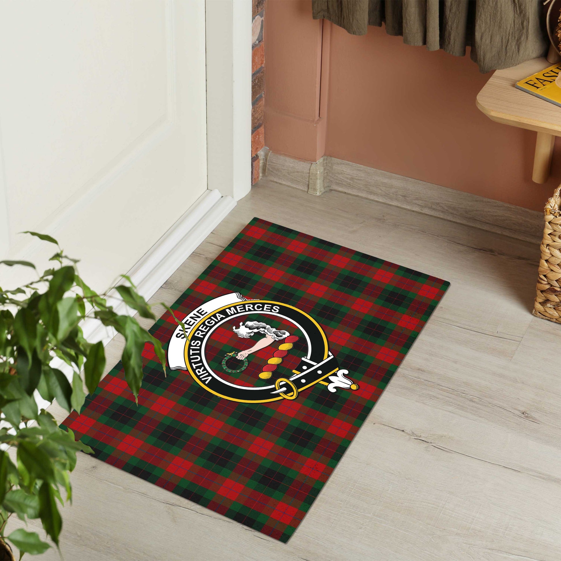 Skene of Cromar Black Tartan Door Mat with Family Crest - Tartanvibesclothing Shop