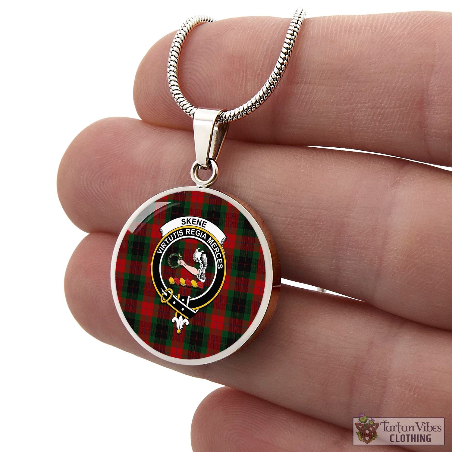 Tartan Vibes Clothing Skene of Cromar Black Tartan Circle Necklace with Family Crest