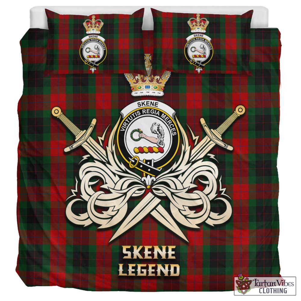 Tartan Vibes Clothing Skene of Cromar Black Tartan Bedding Set with Clan Crest and the Golden Sword of Courageous Legacy