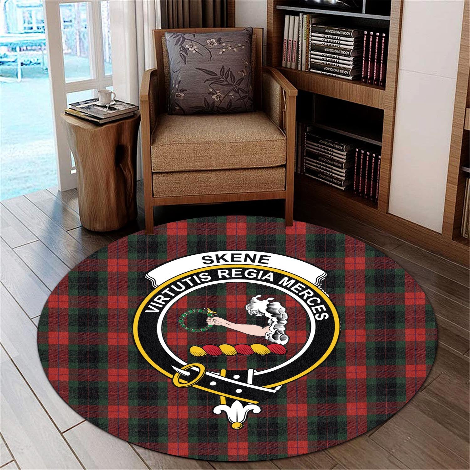 skene-of-cromar-black-tartan-round-rug-with-family-crest