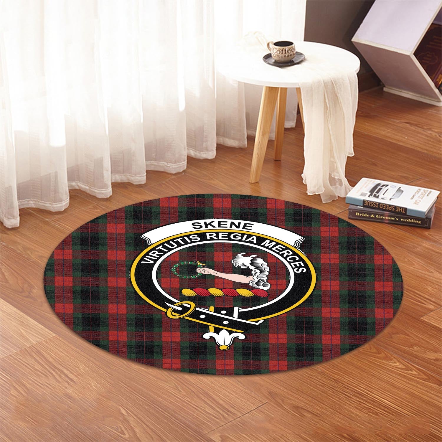 skene-of-cromar-black-tartan-round-rug-with-family-crest