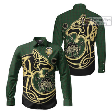 Skene or Tribe of Mar Tartan Long Sleeve Button Shirt with Family Crest Celtic Wolf Style