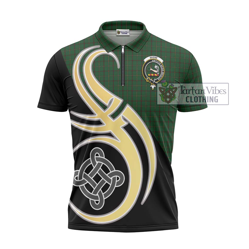 Tartan Vibes Clothing Skene or Tribe of Mar Tartan Zipper Polo Shirt with Family Crest and Celtic Symbol Style