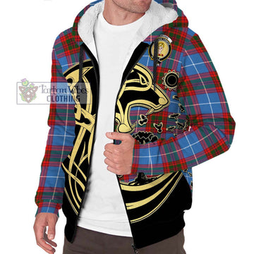 Skirving Tartan Sherpa Hoodie with Family Crest Celtic Wolf Style