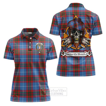Skirving Tartan Women's Polo Shirt with Family Crest and Bearded Skull Holding Bottles of Whiskey Women - Tartan Vibes Clothing