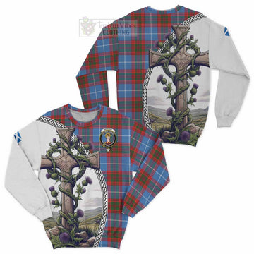 Skirving Tartan Sweatshirt with Family Crest and St. Andrew's Cross Accented by Thistle Vines Unisex - Tartan Vibes Clothing
