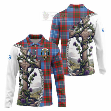 Skirving Tartan Long Sleeve Polo Shirt with Family Crest and St. Andrew's Cross Accented by Thistle Vines Unisex - Tartan Vibes Clothing
