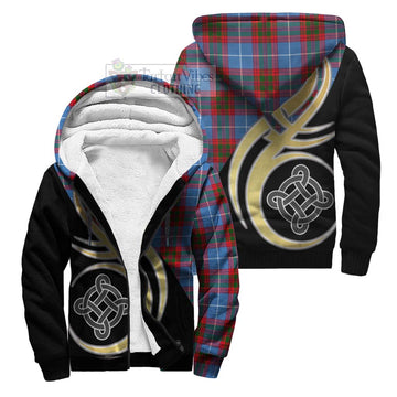 Skirving Tartan Sherpa Hoodie with Family Crest and Celtic Symbol Style