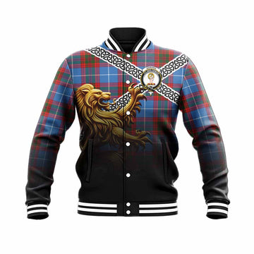 Skirving Crest Tartan Baseball Jacket with Golden Lion Emblem Celtic Style Unisex - Tartan Vibes Clothing
