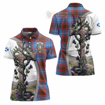 Skirving Tartan Women's Polo Shirt with Family Crest and St. Andrew's Cross Accented by Thistle Vines