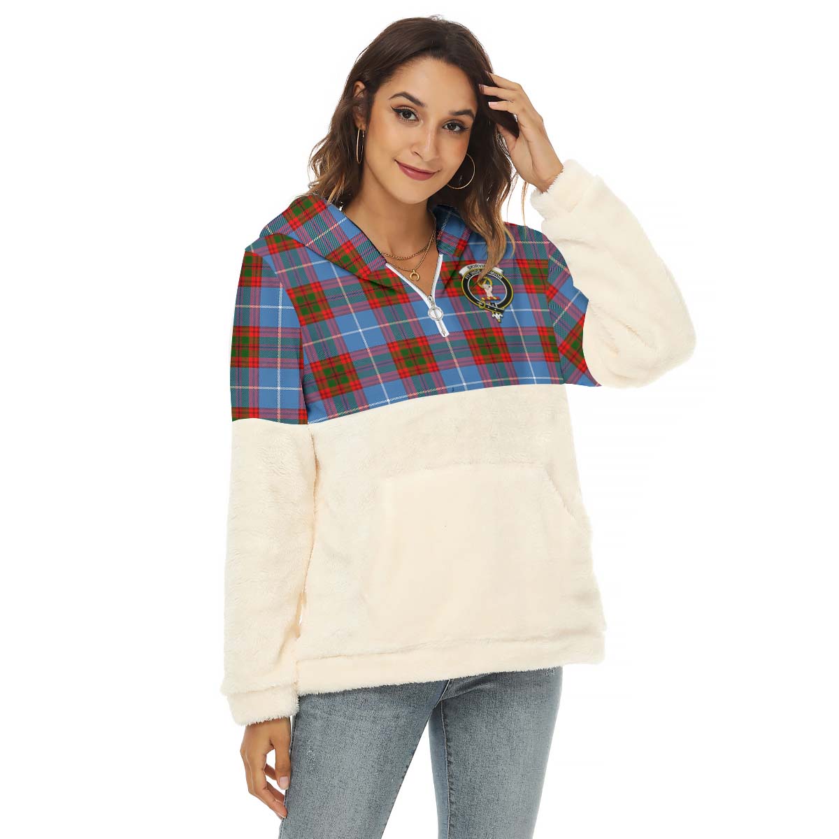 Skirving Tartan Women's Borg Fleece Hoodie With Half Zip with Family Crest Female - Tartan Vibes Clothing