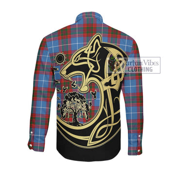 Skirving Tartan Long Sleeve Button Shirt with Family Crest Celtic Wolf Style