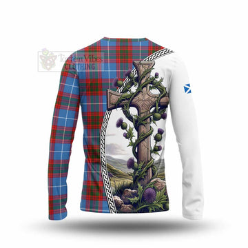 Skirving Tartan Long Sleeve T-Shirt with Family Crest and St. Andrew's Cross Accented by Thistle Vines - Tartan Vibes Clothing