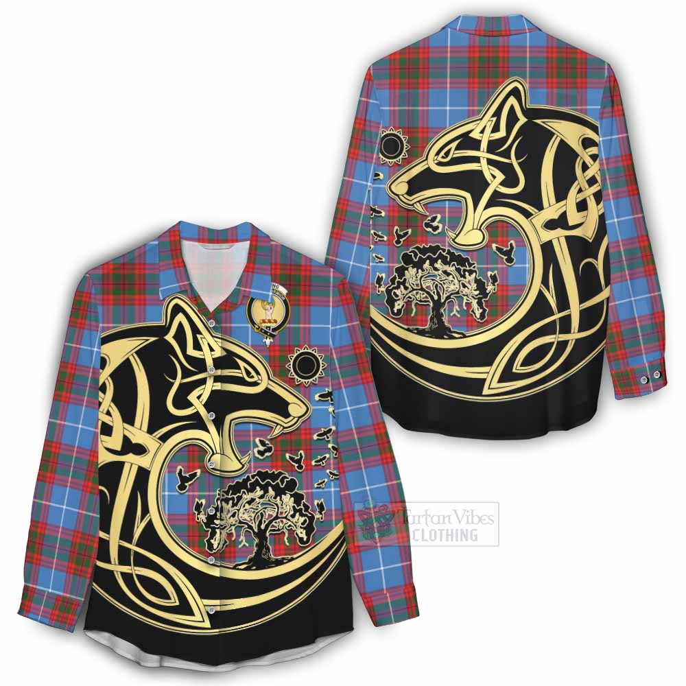 Tartan Vibes Clothing Skirving Tartan Women's Casual Shirt with Family Crest Celtic Wolf Style