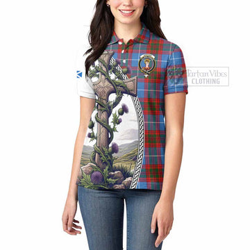 Skirving Tartan Women's Polo Shirt with Family Crest and St. Andrew's Cross Accented by Thistle Vines